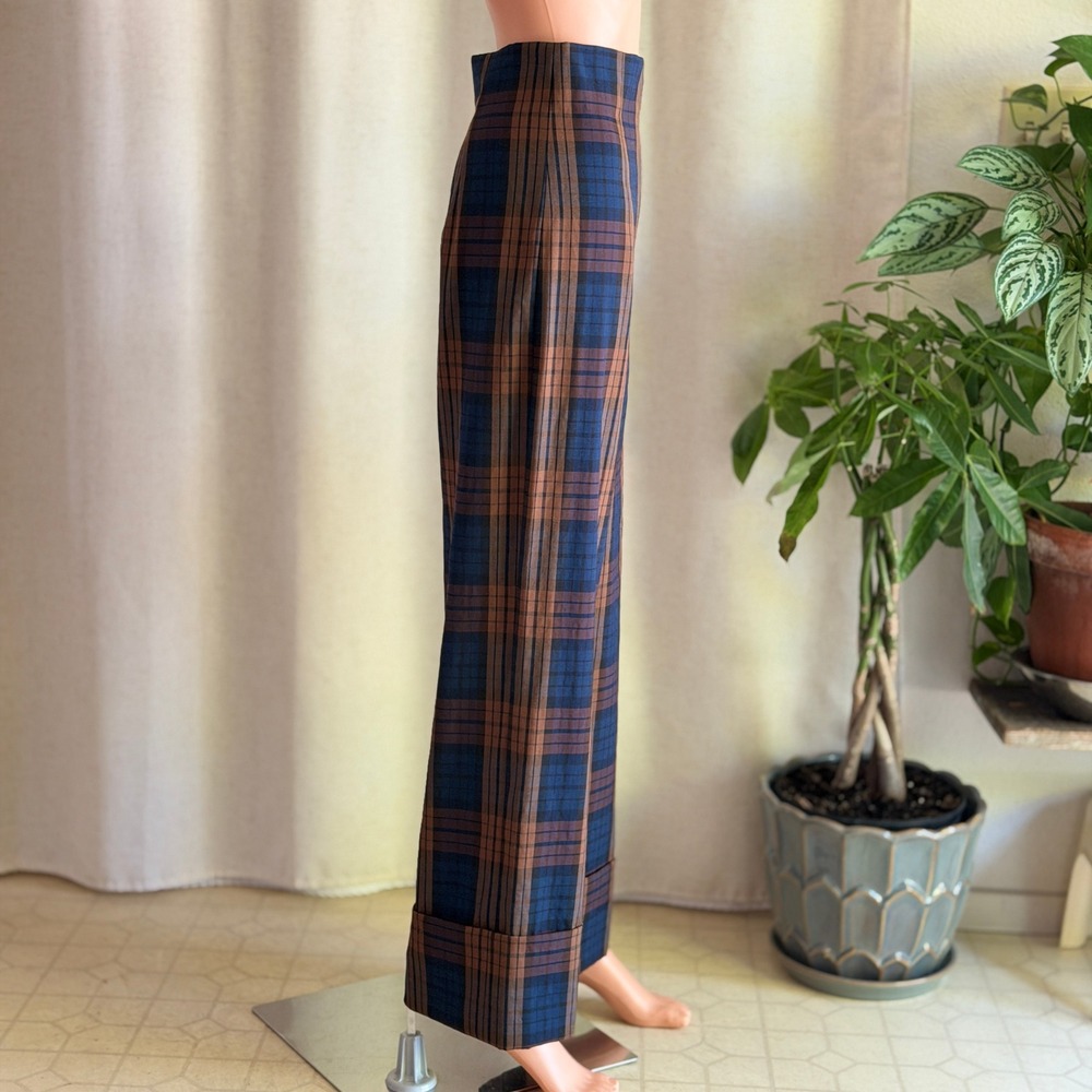 Zara Woman Plaid Wide Leg Pants Brown Blue High Waisted Cuffed Trousers XS - Picture 3 of 7